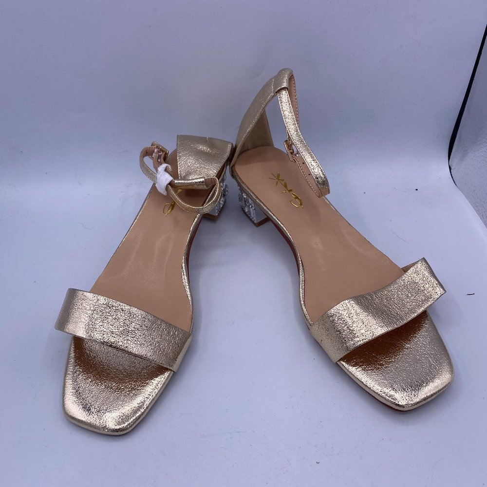 XYD gold open toe ankle strap sandals chunky heels pumps